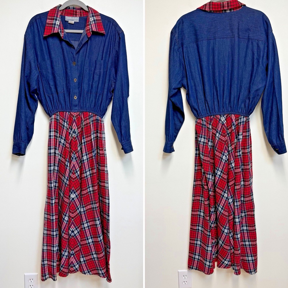 Vintage Carol Anderson Denim Top Flannel Skirt Dress Western Midi Size 14 USA